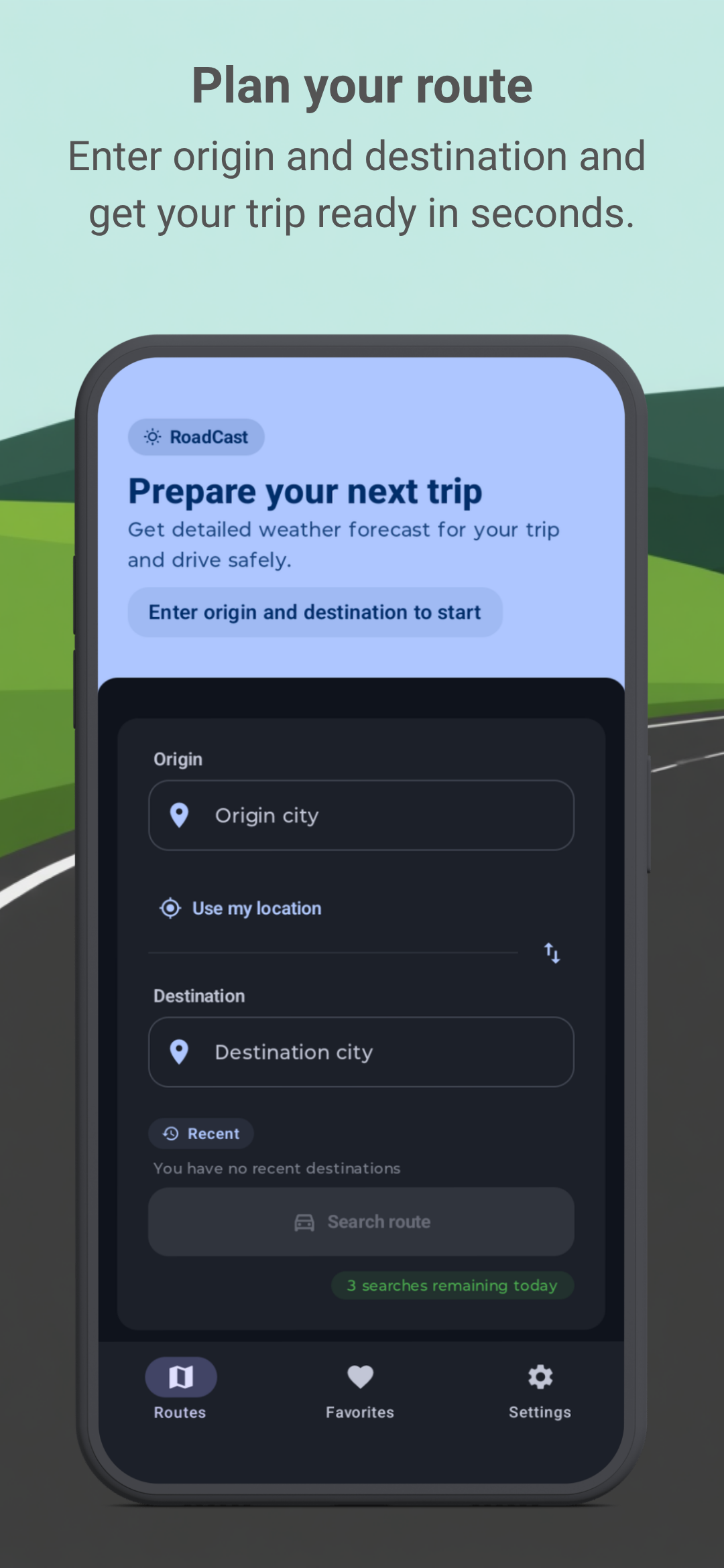 App screenshot showing weather forecast along a route